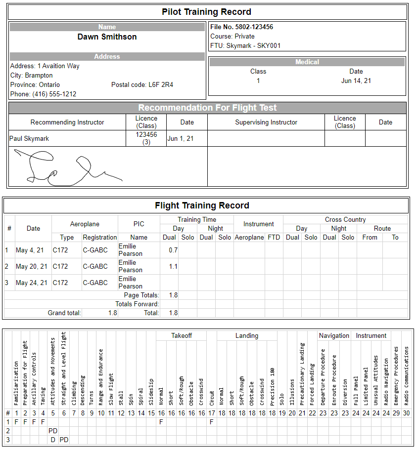 Electronic Pilot Training Record